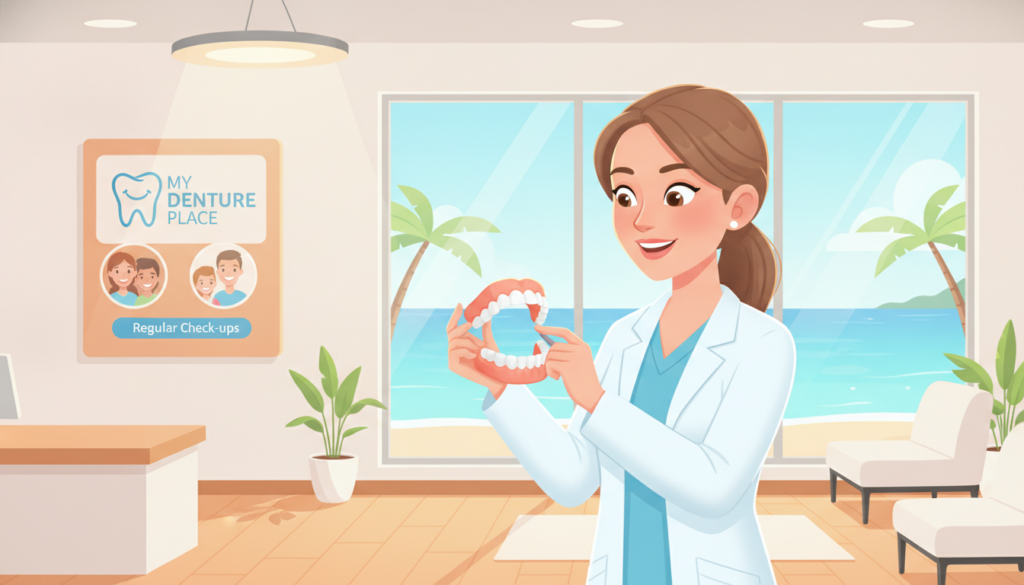 A bright, inviting dental clinic in Hervey Bay, showcasing a clean and modern reception area. In the foreground, a friendly dentist wearing a white coat and professional attire examines a set of dentures under a soft overhead light. The dentist is gently handling the dentures, emphasizing precision and care. In the middle ground, a warm-toned poster with the logo "My Denture Place" is visible, promoting good dental health practices. The background features a serene view of Hervey Bay through large windows, with soft natural light filtering in, creating a calm and welcoming atmosphere. The overall mood is professional yet friendly, highlighting the importance of regular check-ups for denture maintenance. A bright, inviting dental clinic in Hervey Bay, showcasing a clean and modern reception area. In the foreground, a friendly dentist wearing a white coat and professional attire examines a set of dentures under a soft overhead light. The dentist is gently handling the dentures, emphasizing precision and care. In the middle ground, a warm-toned poster with the logo "My Denture Place" is visible, promoting good dental health practices. The background features a serene view of Hervey Bay through large windows, with soft natural light filtering in, creating a calm and welcoming atmosphere. The overall mood is professional yet friendly, highlighting the importance of regular check-ups for denture maintenance.