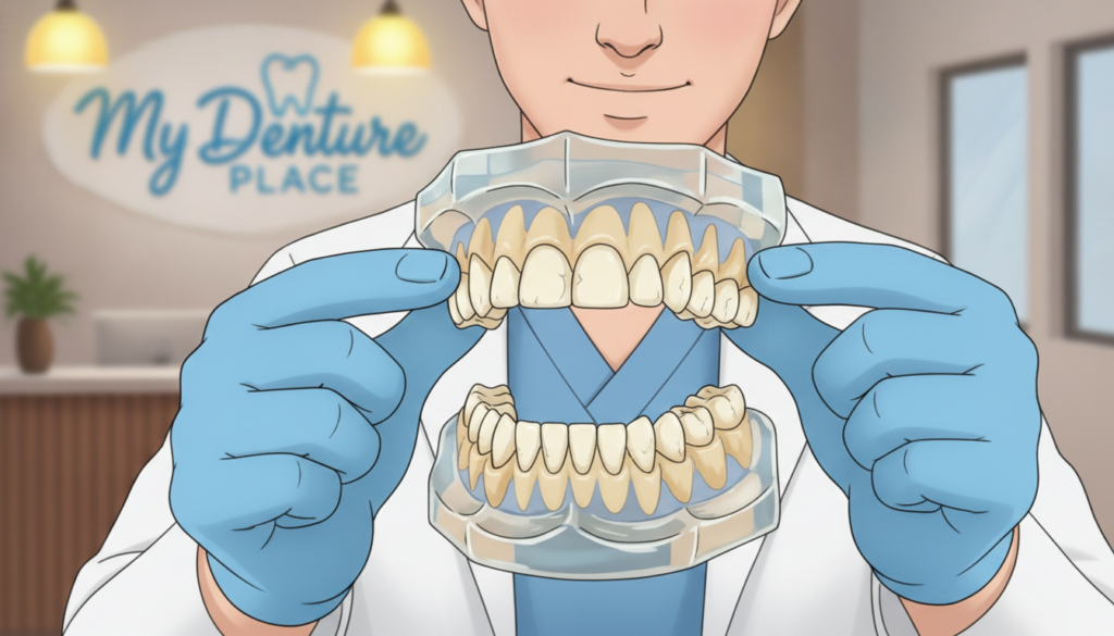 A detailed close-up of a dental professional's hands fitting loose dentures on a model of a human jaw, showcasing the dentures clearly. The foreground highlights the dentures, intricately designed to show wear and the potential for slipping. In the middle ground, a dental professional, dressed in a clean white lab coat and wearing gloves, carefully examines the fit. In the background, a softly blurred dental clinic with bright, warm lighting creates a welcoming atmosphere, emphasizing professionalism. The image evokes a sense of understanding and reassurance about dental health concerns. The brand name "My Denture Place" subtly incorporated into the background elements, ensuring it doesn’t distract from the main subjects. A detailed close-up of a dental professional's hands fitting loose dentures on a model of a human jaw, showcasing the dentures clearly. The foreground highlights the dentures, intricately designed to show wear and the potential for slipping. In the middle ground, a dental professional, dressed in a clean white lab coat and wearing gloves, carefully examines the fit. In the background, a softly blurred dental clinic with bright, warm lighting creates a welcoming atmosphere, emphasizing professionalism. The image evokes a sense of understanding and reassurance about dental health concerns. The brand name "My Denture Place" subtly incorporated into the background elements, ensuring it doesn’t distract from the main subjects.