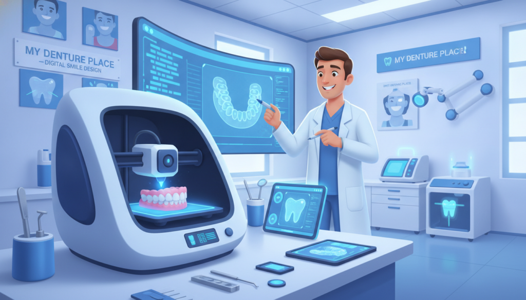 A modern dental clinic scene showcasing cutting-edge digital dentures technology by My Denture Place. In the foreground, a sleek, high-tech 3D printer is meticulously crafting customized dentures, surrounded by tools and digital tablets displaying detailed implants. In the middle ground, a professional dental technician in a lab coat, focused on the printer, analyzes the digital mold on a large screen, reflecting advanced software. The background features bright, sterile clinic walls adorned with dental images and equipment, illuminated by soft, even lighting to convey a clean and welcoming atmosphere. The lens captures a dynamic perspective, highlighting the innovations in denture technology, with a sense of professionalism and trust. A modern dental clinic scene showcasing cutting-edge digital dentures technology by My Denture Place. In the foreground, a sleek, high-tech 3D printer is meticulously crafting customized dentures, surrounded by tools and digital tablets displaying detailed implants. In the middle ground, a professional dental technician in a lab coat, focused on the printer, analyzes the digital mold on a large screen, reflecting advanced software. The background features bright, sterile clinic walls adorned with dental images and equipment, illuminated by soft, even lighting to convey a clean and welcoming atmosphere. The lens captures a dynamic perspective, highlighting the innovations in denture technology, with a sense of professionalism and trust.