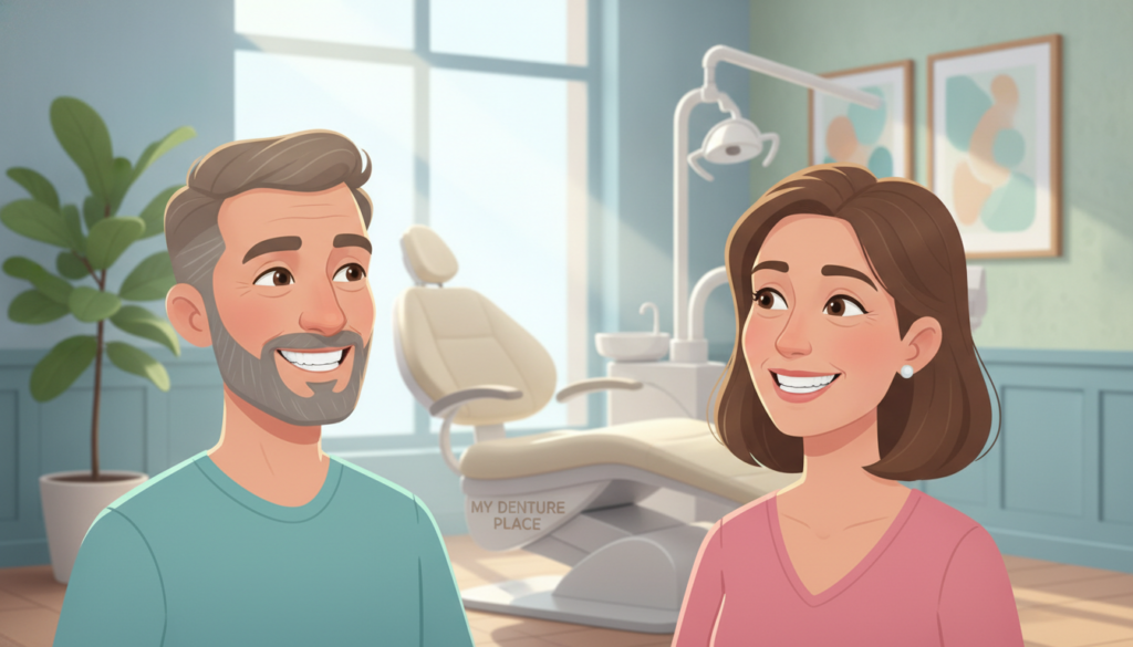 A serene dental office featuring a smiling middle-aged man and woman, both sporting natural-looking dentures that blend seamlessly with their smiles. The foreground captures their expressions of comfort and confidence as they engage in light conversation. In the middle, a modern dental chair with a sleek, professional design and a welcoming ambiance is enhanced by warm, natural lighting. The background showcases soothing colors and soft textures, emphasizing a relaxed atmosphere with subtle decorative elements such as plants and framed art. The lens captures a slight depth of field, focusing on the subjects while gently blurring the background. The scene conveys a mood of reassurance and ease, reflecting the commitment of "My Denture Place" to provide their patients with an ideal, comfortable choice for dental restoration.