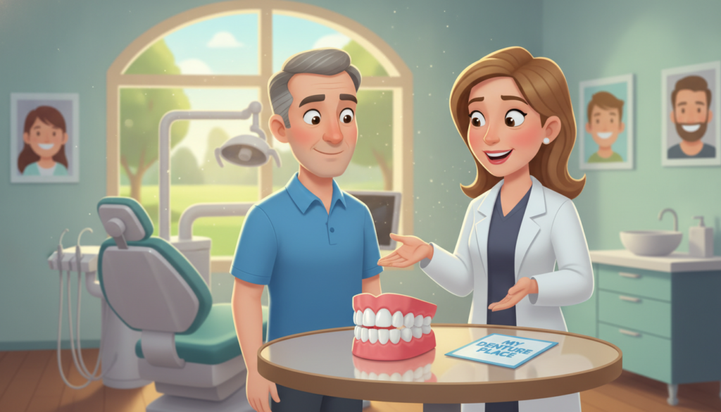 A well-lit dental office scene showcasing a friendly dental professional assisting a middle-aged patient in understanding dentures. In the foreground, a polished dental table displays a set of realistic dentures next to informative pamphlets from "My Denture Place". The patient, dressed in smart casual clothing, looks engaged and curious, while the dental professional, in professional business attire, explains the benefits with a warm smile. The middle ground features dental equipment and images of healthy smiles on the walls, creating a comforting environment. In the background, soft natural light filters through a window, enhancing the positive and informative atmosphere. The aim is to evoke feelings of trust and reassurance regarding dentures.